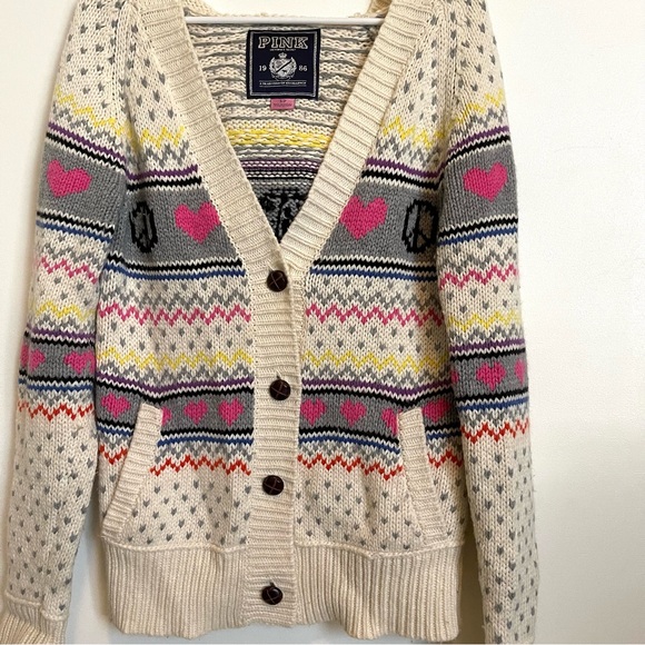 VS PINK peace, love and pink fair isle hoodie heavy knit cardigan sweater - Picture 14 of 14
